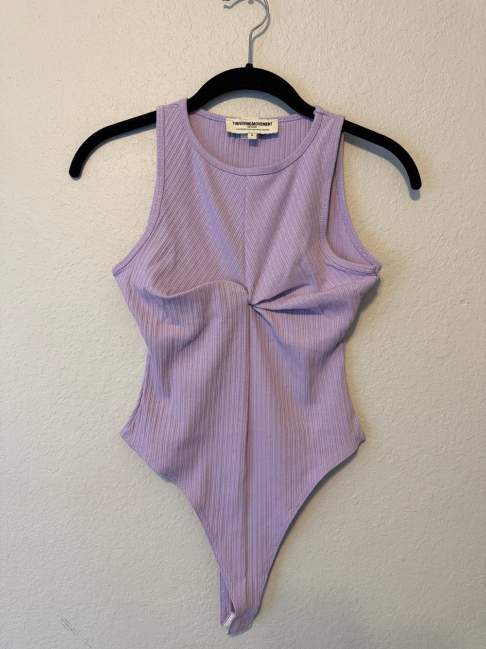 The Giving Movement Twist-Front Ribbed Bodysuit in Lilac